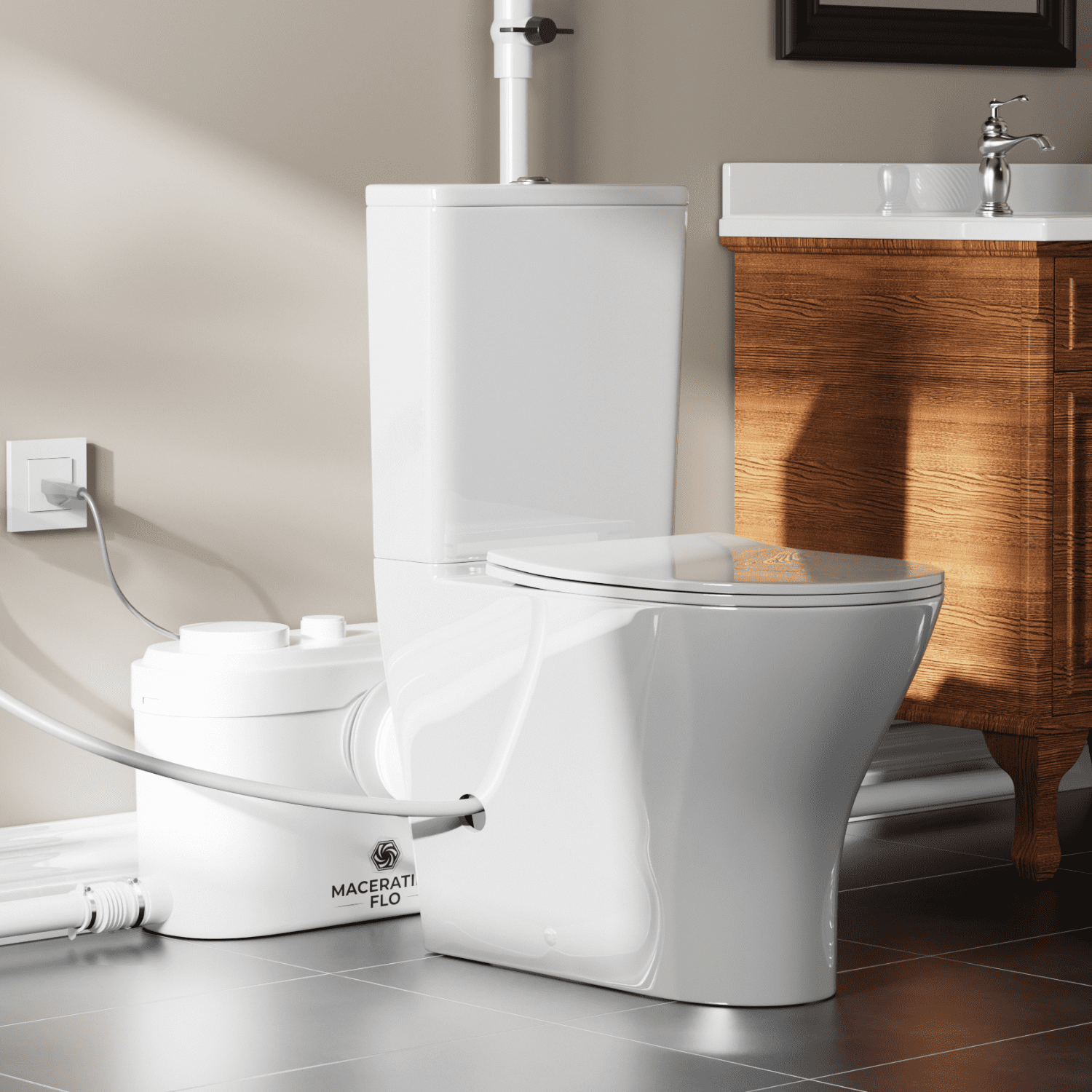 MaceratingFlo ARES 750W Upflush Toilet System, Elongated Bowl & 18" Comfort Height, 4-Inlet Ideal for Basements, Quiet & Efficient Macerator Pump Up to 36 Feet, Easy Installation