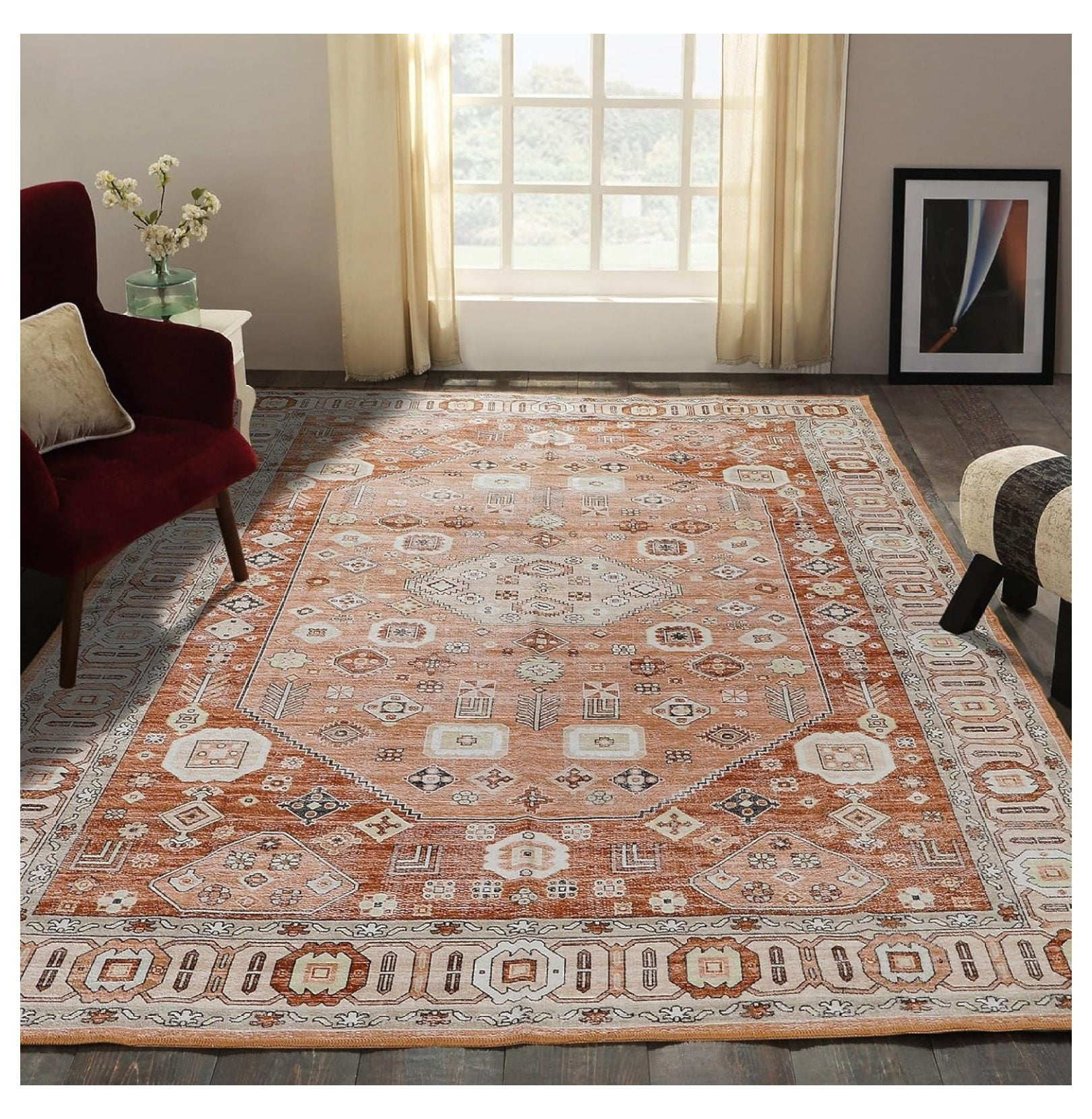 Machine Washable Thin Area Rug - Oriental Vintage Rust Red Kitchen, Bedroom, Hallway, Bathroom, and Entryway 3x5 Rugs - Stain and Water-Resistant - Non-Slip - Pet and Kid Friendly