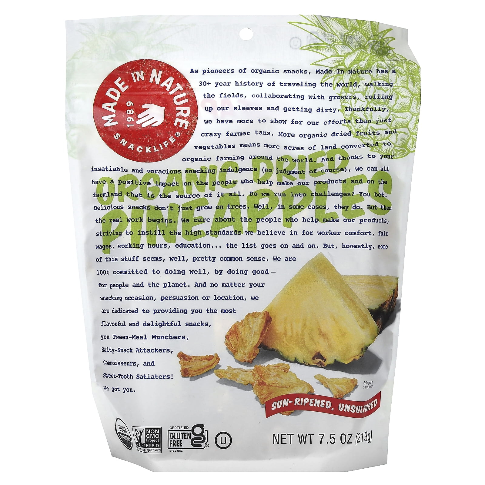 Made in Nature Organic Dried Pineapples, Sun-Ripened, Unsulfured, 7.5 oz (213 g)
