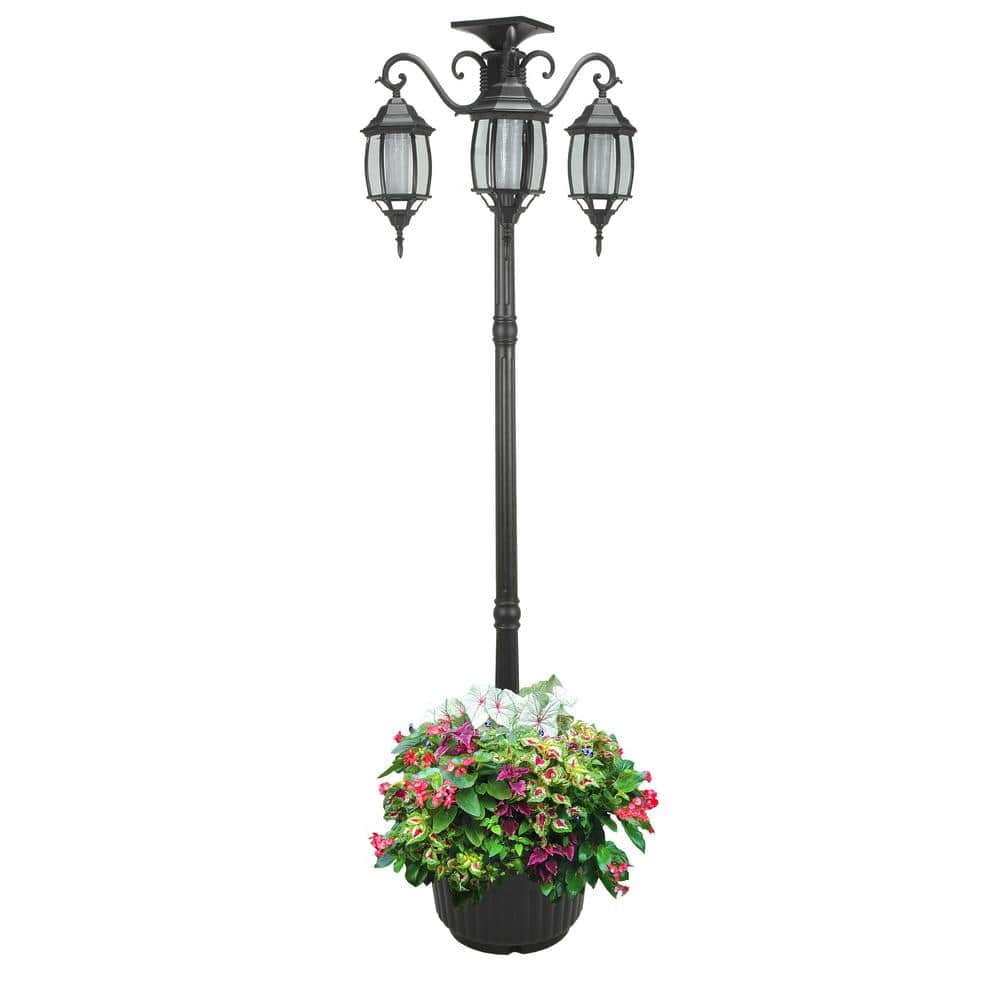 Madison 3-Light Black Integrated LED Solar Lamp Post and Planter