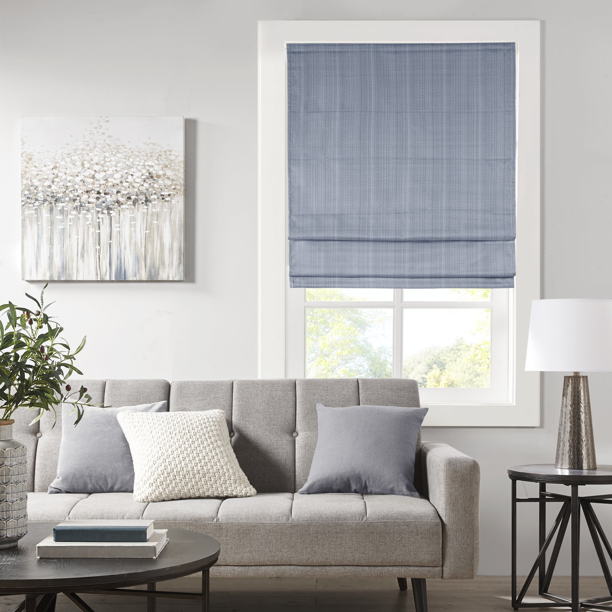 Madison Park Galen Basketweave Room Darkening Cordless Roman Shade Single Window Panel in Indigo Blue, 34"x64"
