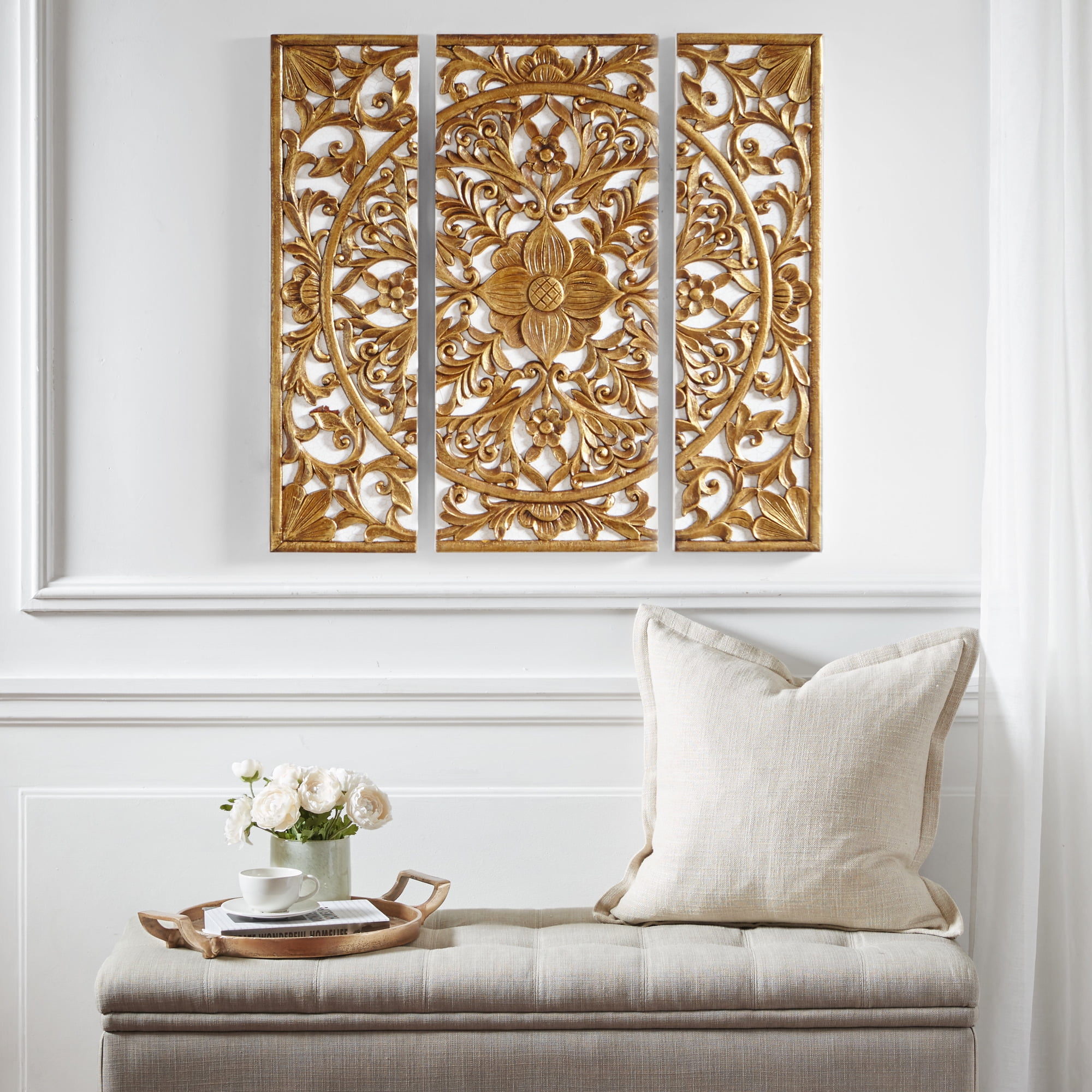 Gold Medallion Triptych 3-piece Dimensional Resin Canvas Wall Art Set