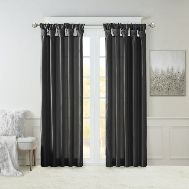 Madison Park Solid Pattern Faux Silk Twisted Tab Top Curtains, 50’’ x 84’’, Black