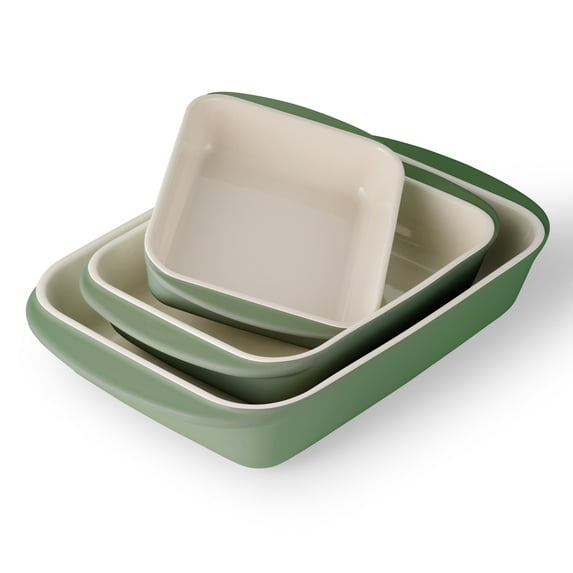 Tramontina Mae 3-Piece Ceramic Porcelain Baking Pans Set, Cactus, Non Stick Casserole Dishes for Oven, Rectangular Bakeware for Lasagna, Cakes and Loafs