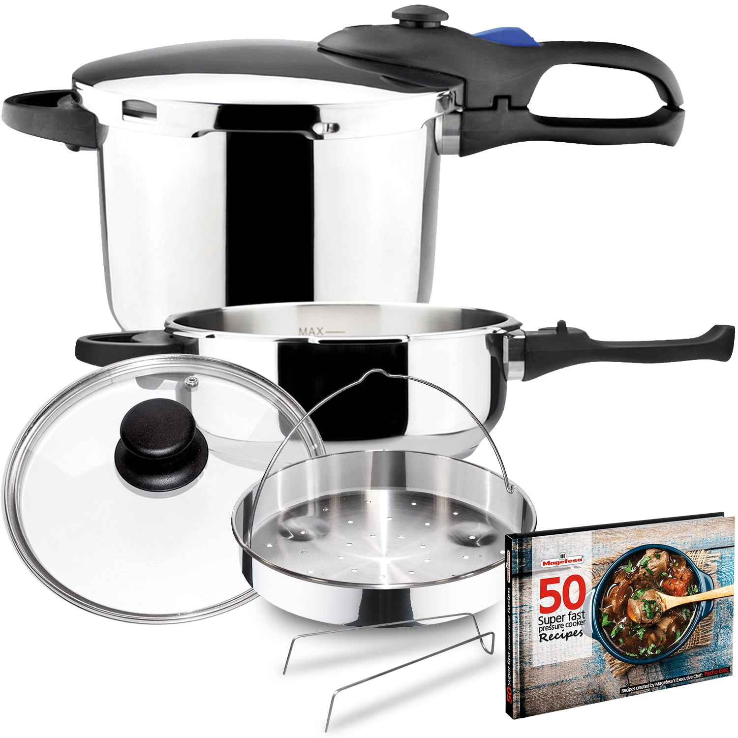 MAGEFESA Favorit Six Fast-Cooking Pressure Cooker Set, 3.2 Qt & 6.3 Qt, Stainless Steel, Induction Compatible, Heat Diffuser Base, 5 Safety Systems – Special Edition (Steam Basket, Lid & Recipe Book)