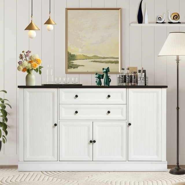 Magic Union 58" Farmhouse Sideboard Buffet Cabinet, Coffee Bar Cabinet with 2 Large Drawers & 4 Grooved Barn Doors, Wood Storage Cabinets for Dinning Room, Kitchen, Living Room, White