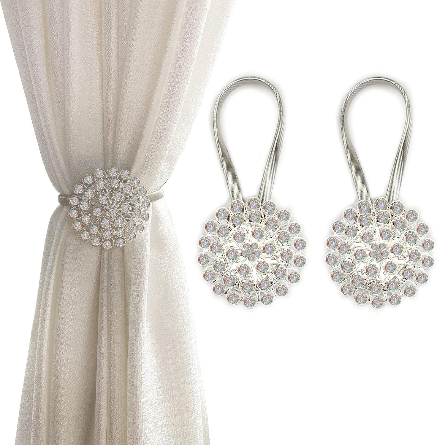 Magnetic Curtain Holdbacks Magnetic Tiebacks for Curtains, 2 Pack Sparkling Crystal Flower Curtain Tiebacks Curtain Buckle Clips with High-Elastic Spring Wire for Home Office
