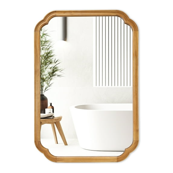 Magnifique Rounded Corner Arch Wall Mirror with Wood Frame for Bathroom 24" x 36", Natural Wood Color