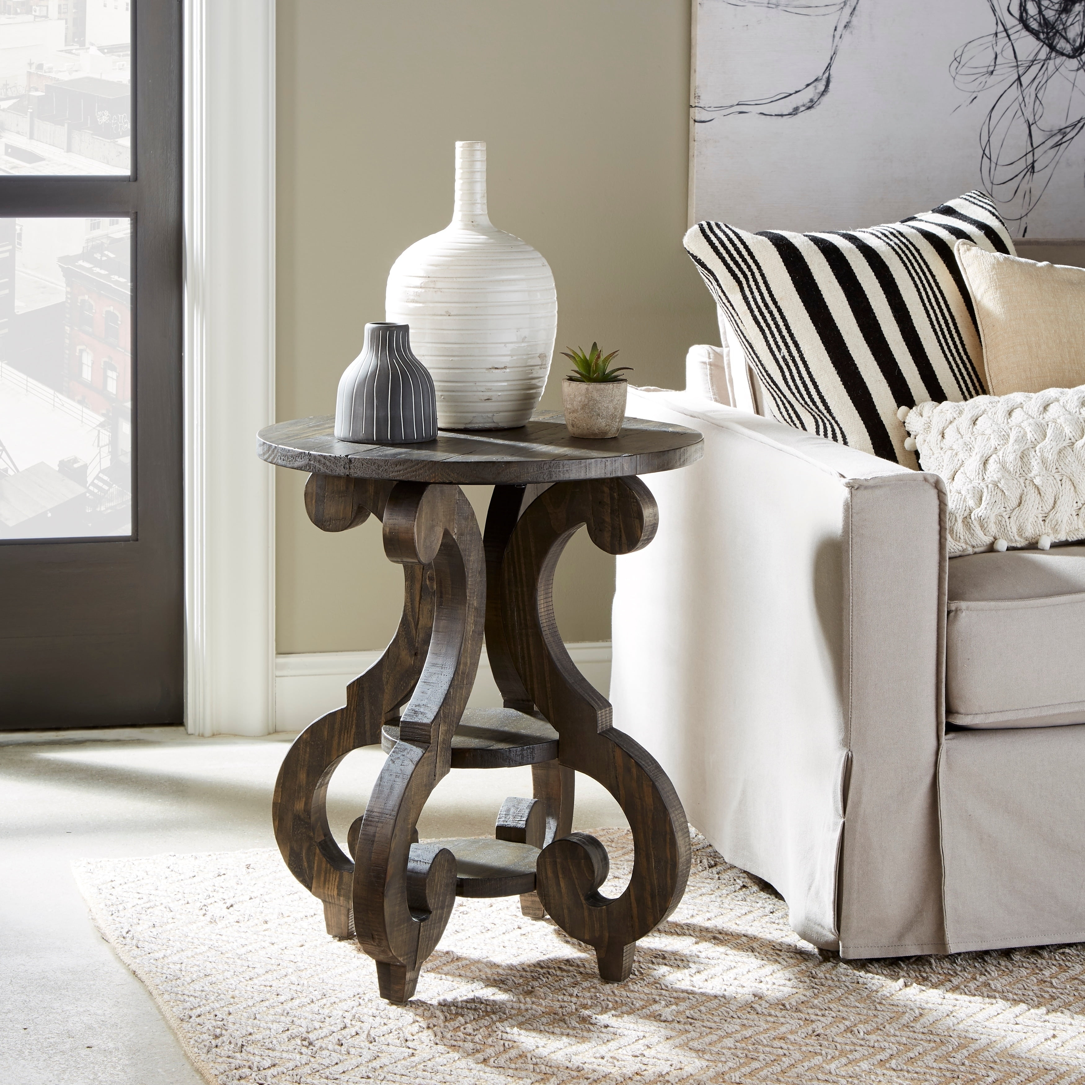 Magnussen Home Bellamy Metal and Wood Round Accent End Table in Peppercorn