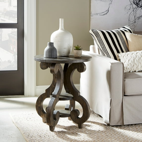 Magnussen Home Bellamy Metal and Wood Round Accent End Table in Peppercorn
