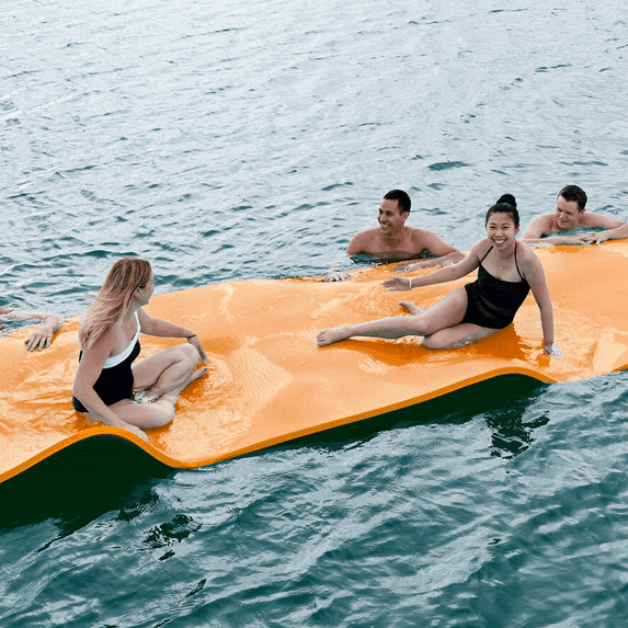 Magshion 12' x 6' Water Floating Mat, 3-Layer Tear-Resistant XPE Foam Water Floating Pad Lily Pad for Pool Lake River Ocean Outdoor Water Activities, Orange/Blue
