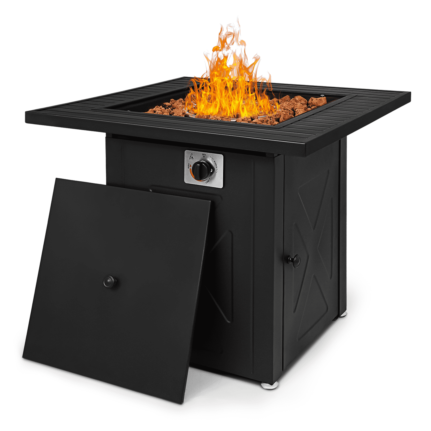 Magshion 28 inch Fire Pit Table 50,000 BTU Propane Gas Fire Pit Table with Lava Rocks and Metal Lid for Outdoor Patio Backyard, Black
