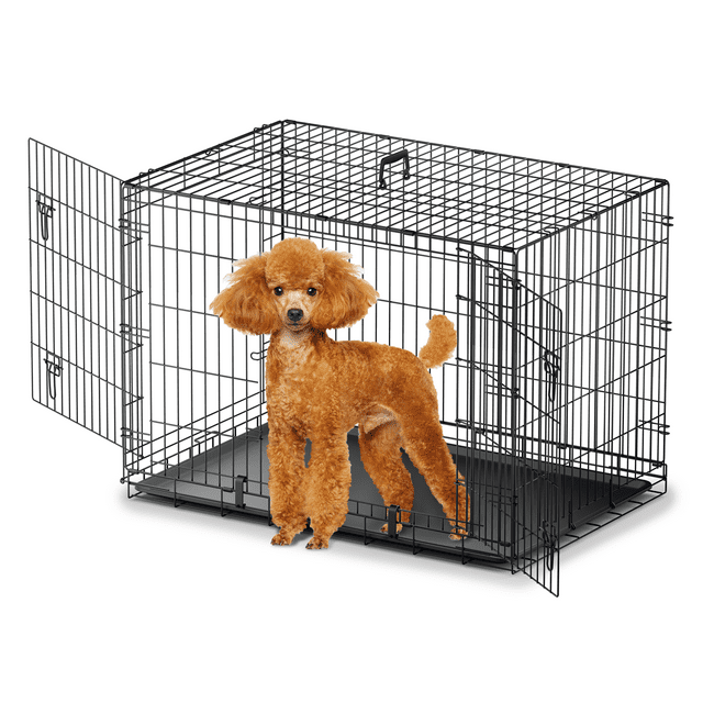 CL.HPAHKL Durable Large Dog Crate, Folding Metal Dog Kennel Double Door Dog Cage with Plastic Tray, Wire Crate for Large Dog Indoor Outdoor Travel (Black, 42 inch)