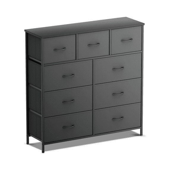 DUMOS Dresser for Bedroom, Storage Organizer with 9 Drawers, Chest of Drawers with Fabric Bins, Sturdy Metal Frame, Wood Tabletop for Guest Room, Closet, Entryway, Nursery