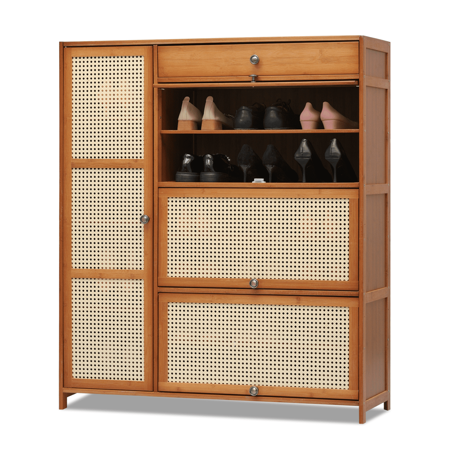 Magshion Bamboo 28 Pairs Shoe Cabinet, 6-Shelves Entryway Shoe Storage Cabinet with 4 Rattan Doors and 4 Compartments, Flip-Up Shoe Rack Organizer For Hallway, Brown