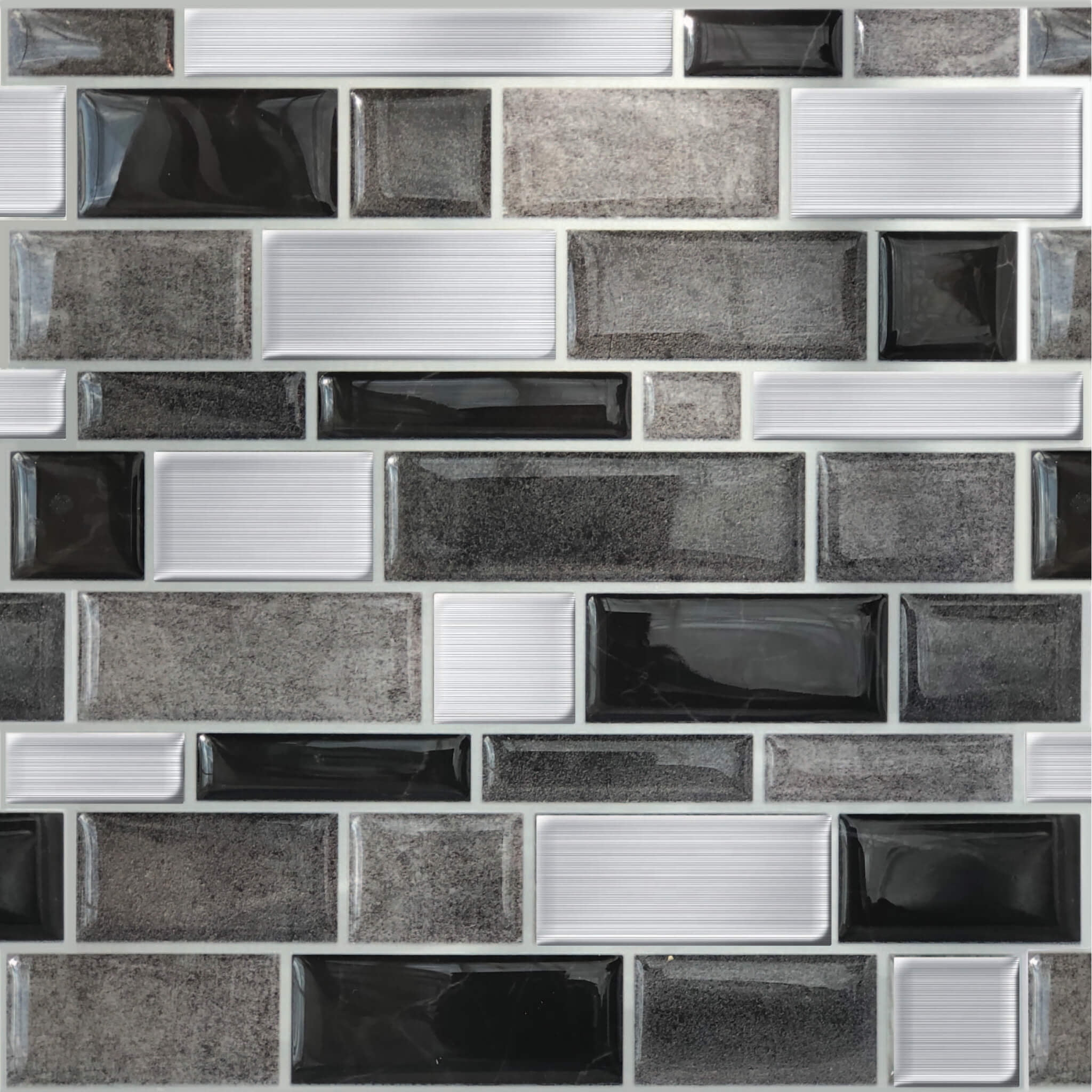 Main Street 10.5" x 10.5" Silver & Black Mosaic Vinyl Peel and Stick Tiles (4-Pack). Removable Tiles for Walls or Backsplash