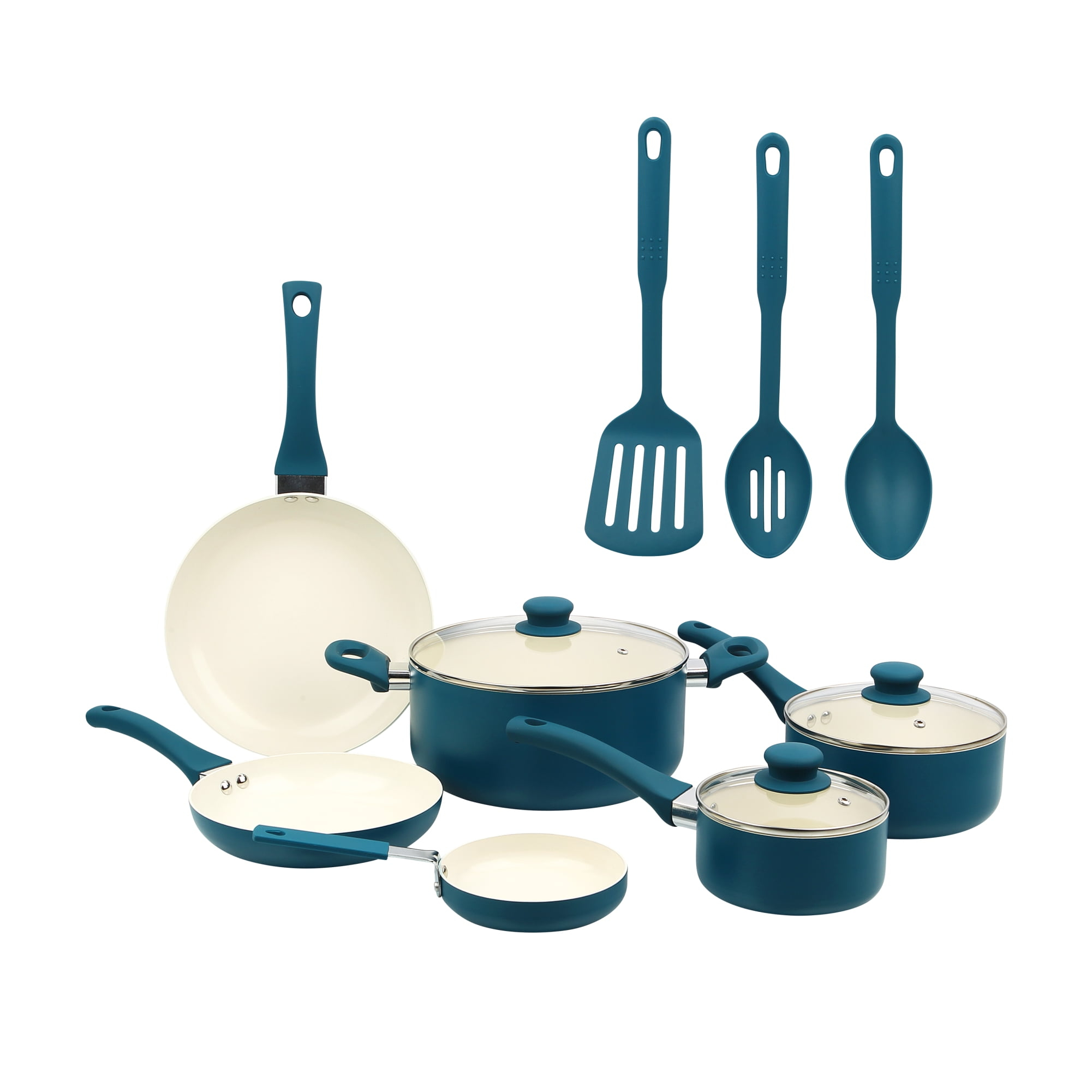 Mainstays 12 Piece Ceramic Nonstick Aluminum Pots and Pans Cookware Set, Blue