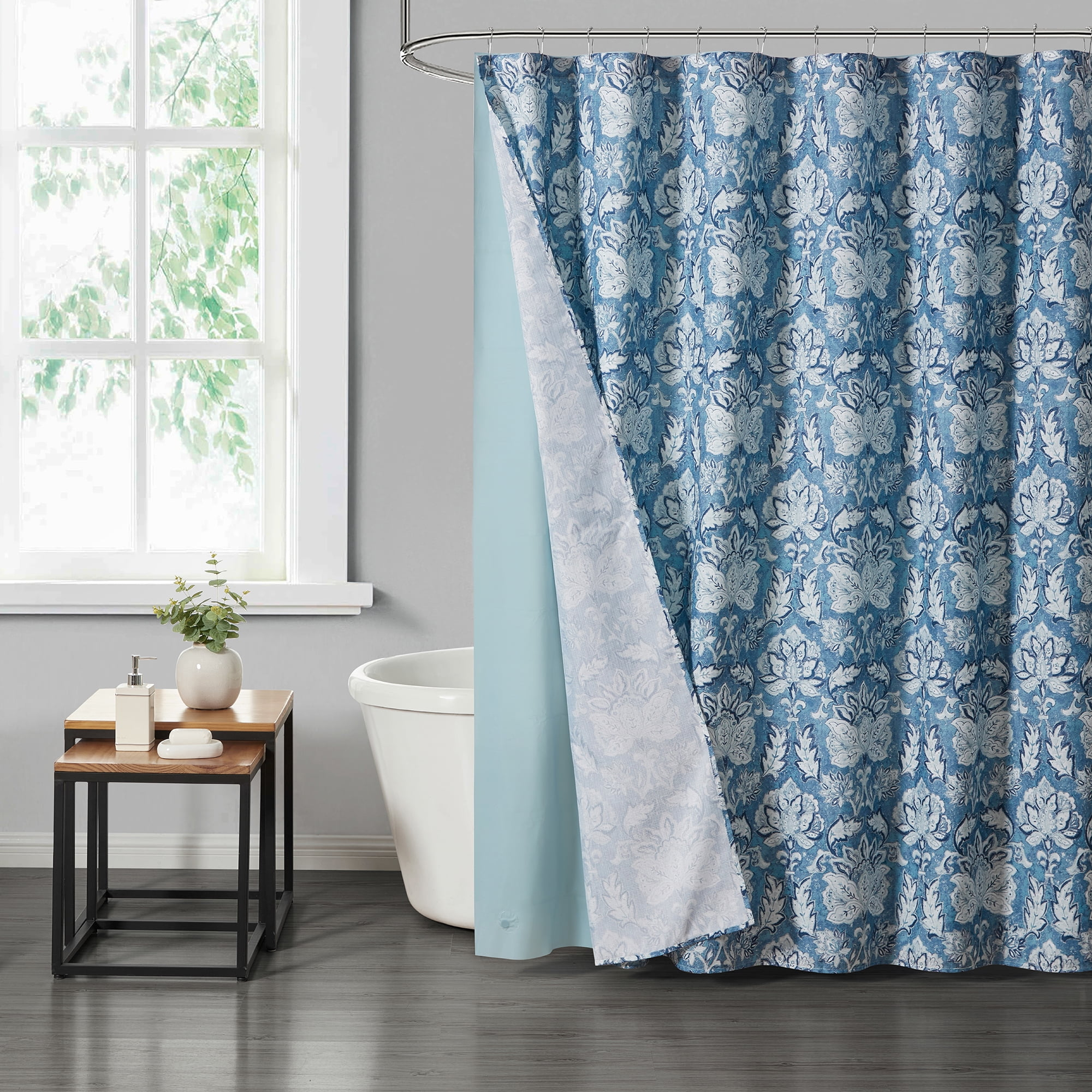 Mainstays 14 Piece Fabric Shower Curtain Set, PEVA Liner & Hooks, Blue Medallion 72" x 72"