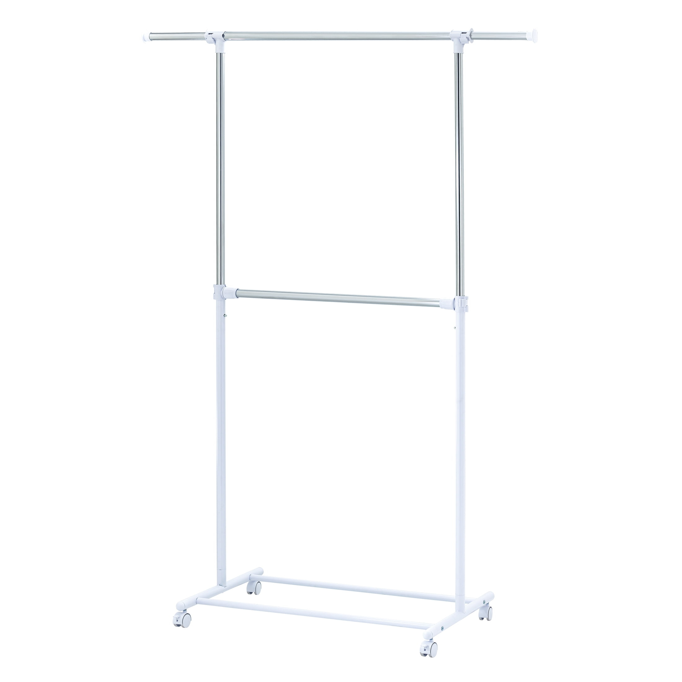 Mainstays 2 Tier Adjustable Chrome Garment Rack with Silver Metal and White Rod