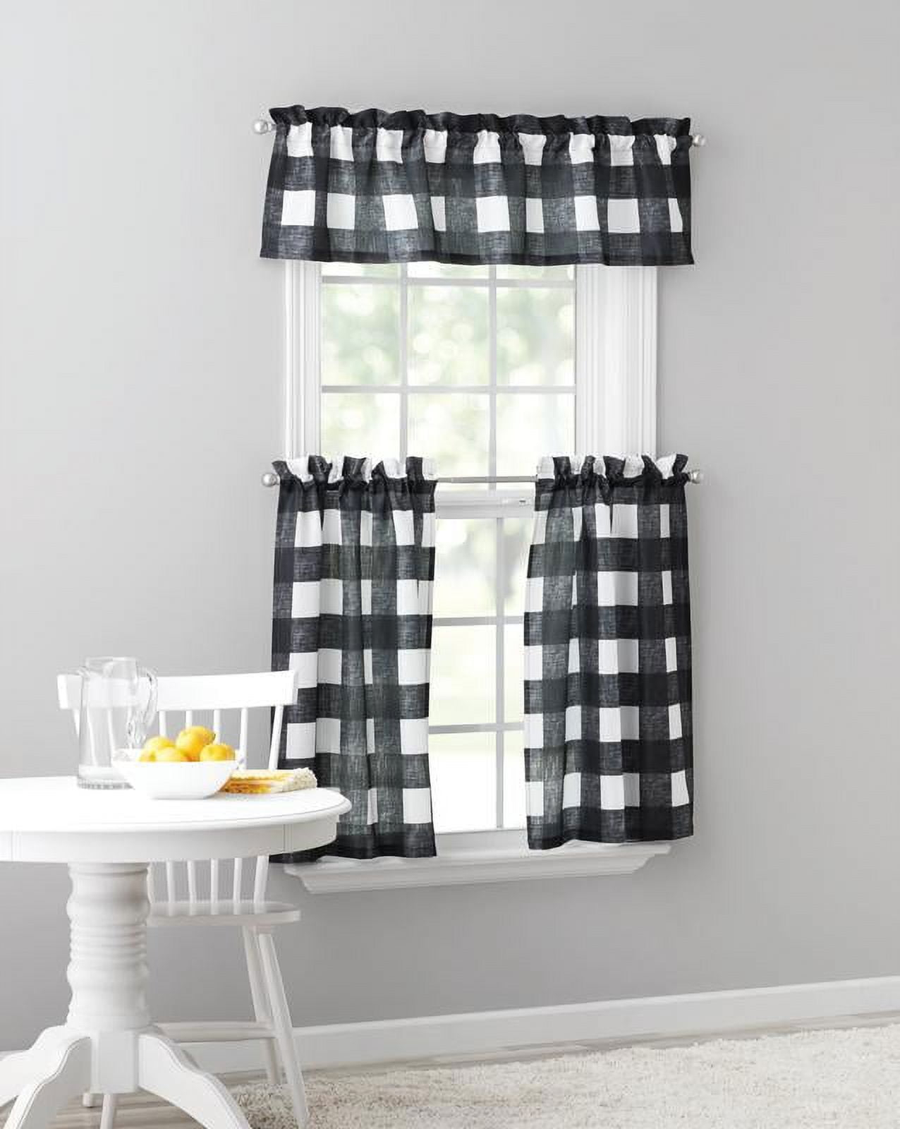 Mainstays Light Filtering Curtain Tier Pair and Valance Set, 3-Piece, Black/White, 56" W x 36" L