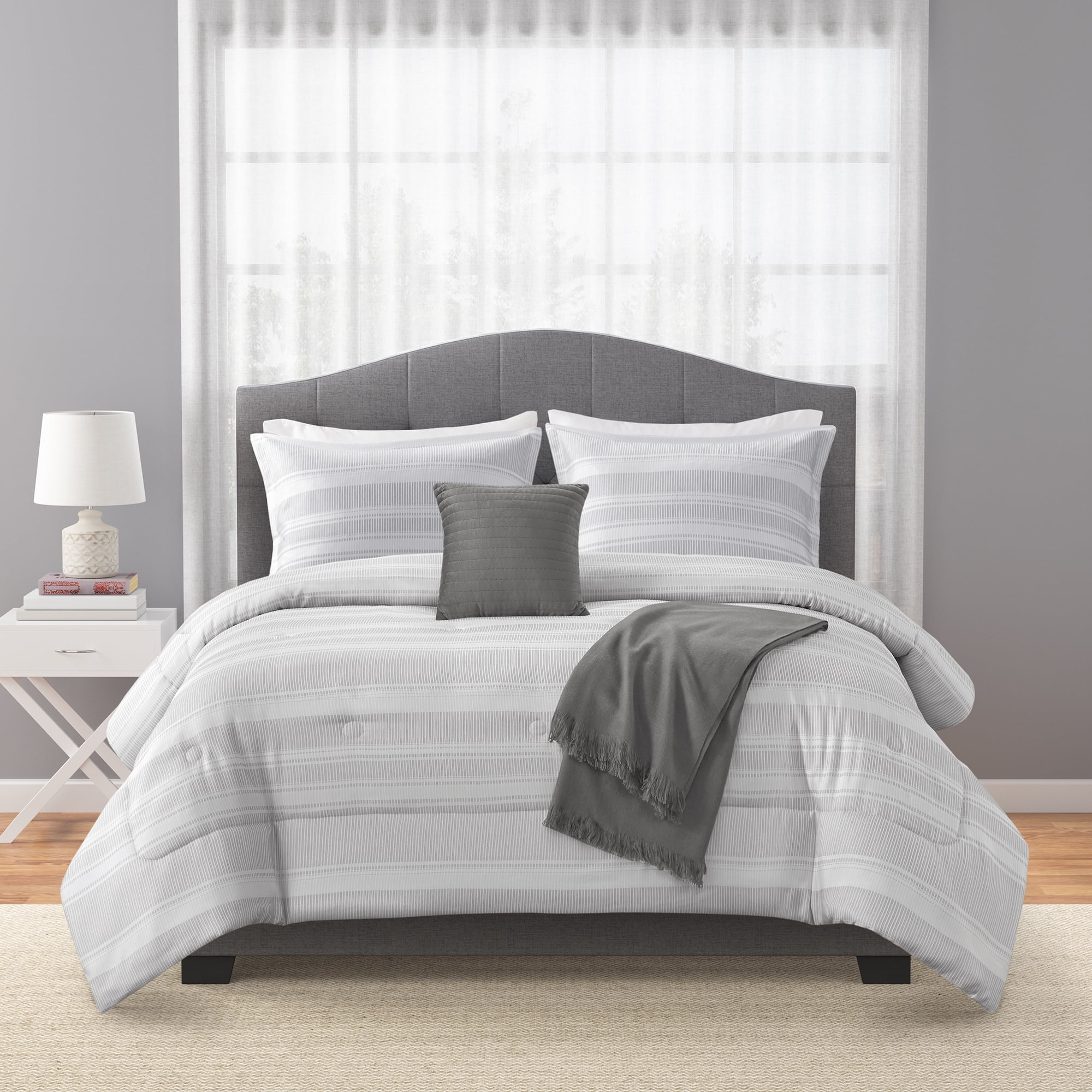 Mainstays 5-Piece Black and White Stripe Comforter Set, Full/Queen