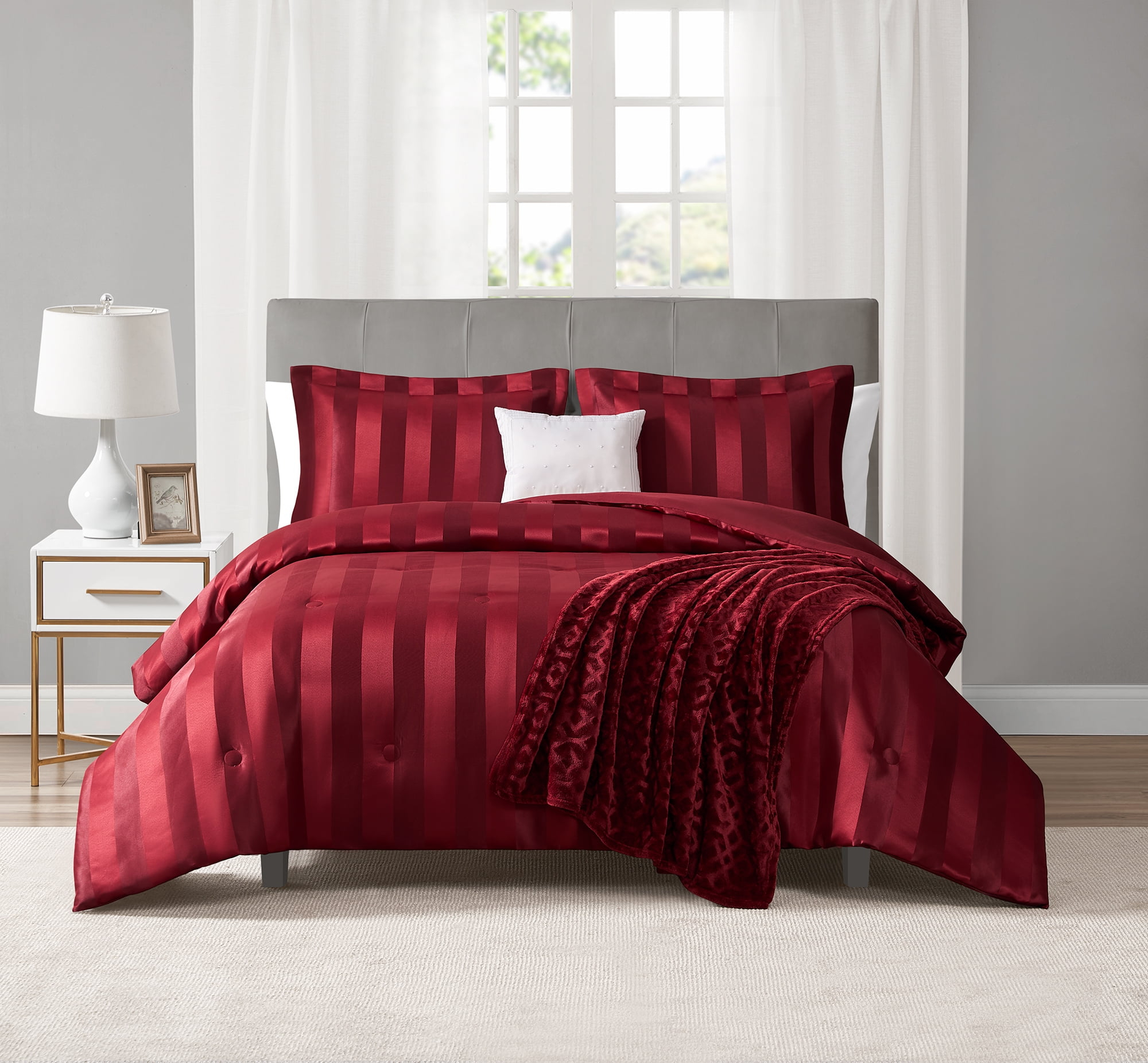 Mainstays 5-Piece Red Damask Stripe Comforter Set, Full/Queen