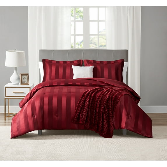Mainstays Luscious Merlot 5 Piece Damask Stripe Comforter Set, Full/Queen, Adult, Unisex