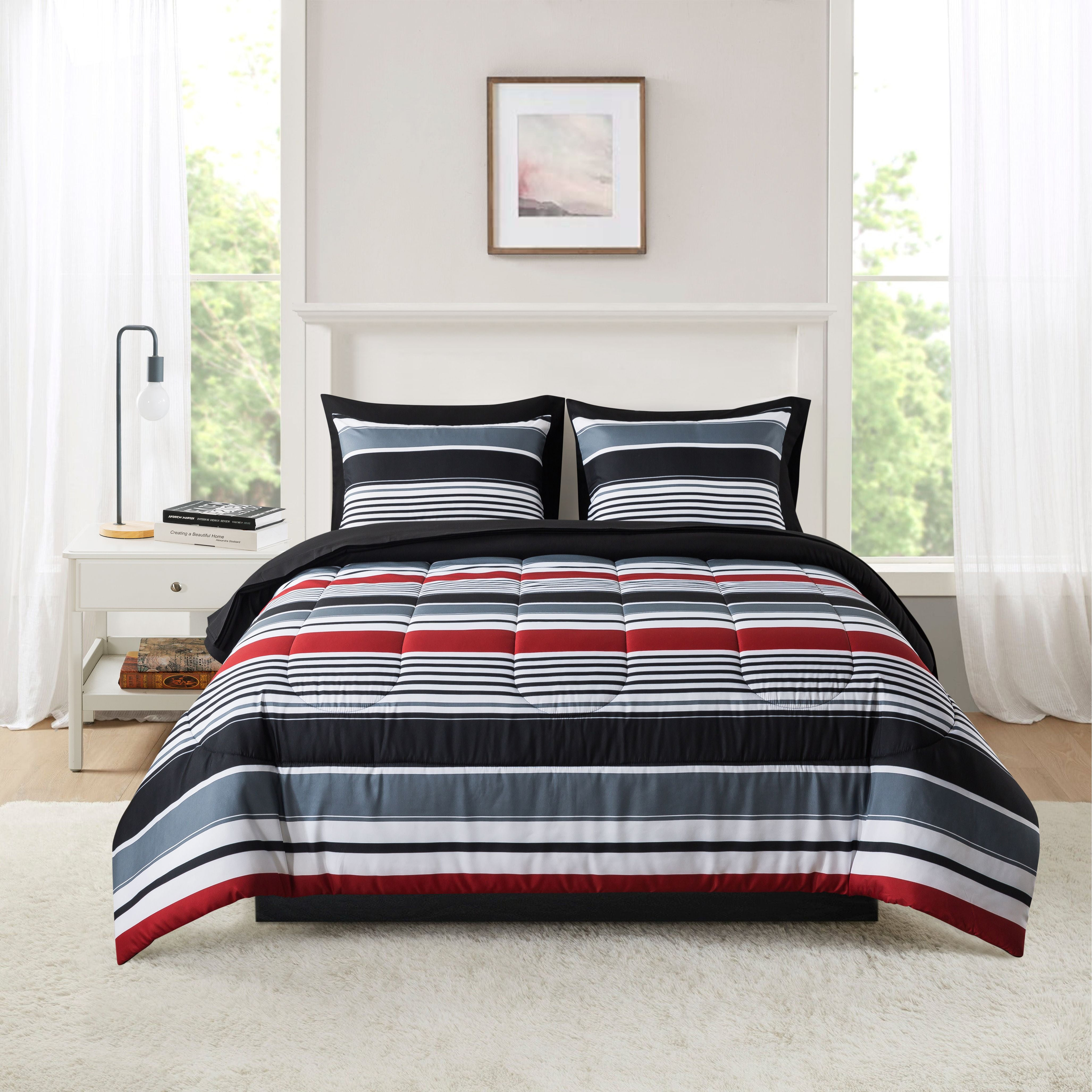 Mainstays 7-Piece Reversible Bed in a Bag Comforter Set with Sheets, Red and Black Stripe, Queen