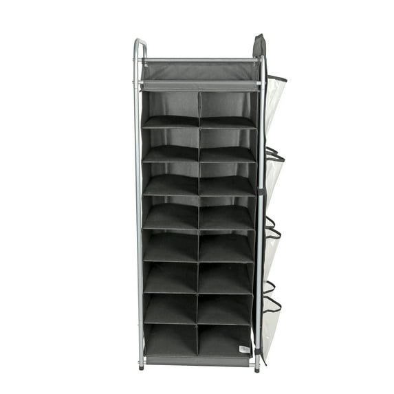 Mainstays 8 Tier, 20 Pair Shoe Cubbies with Hanging Pocket, Rich Black and Silver, Adult and Child Rack - style Storage Organizer