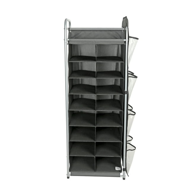 Mainstays 8 Tier, 20 Pair Shoe Cubbies with Hanging Pocket, Rich Black and Silver, Adult and Child Rack - style Storage Organizer