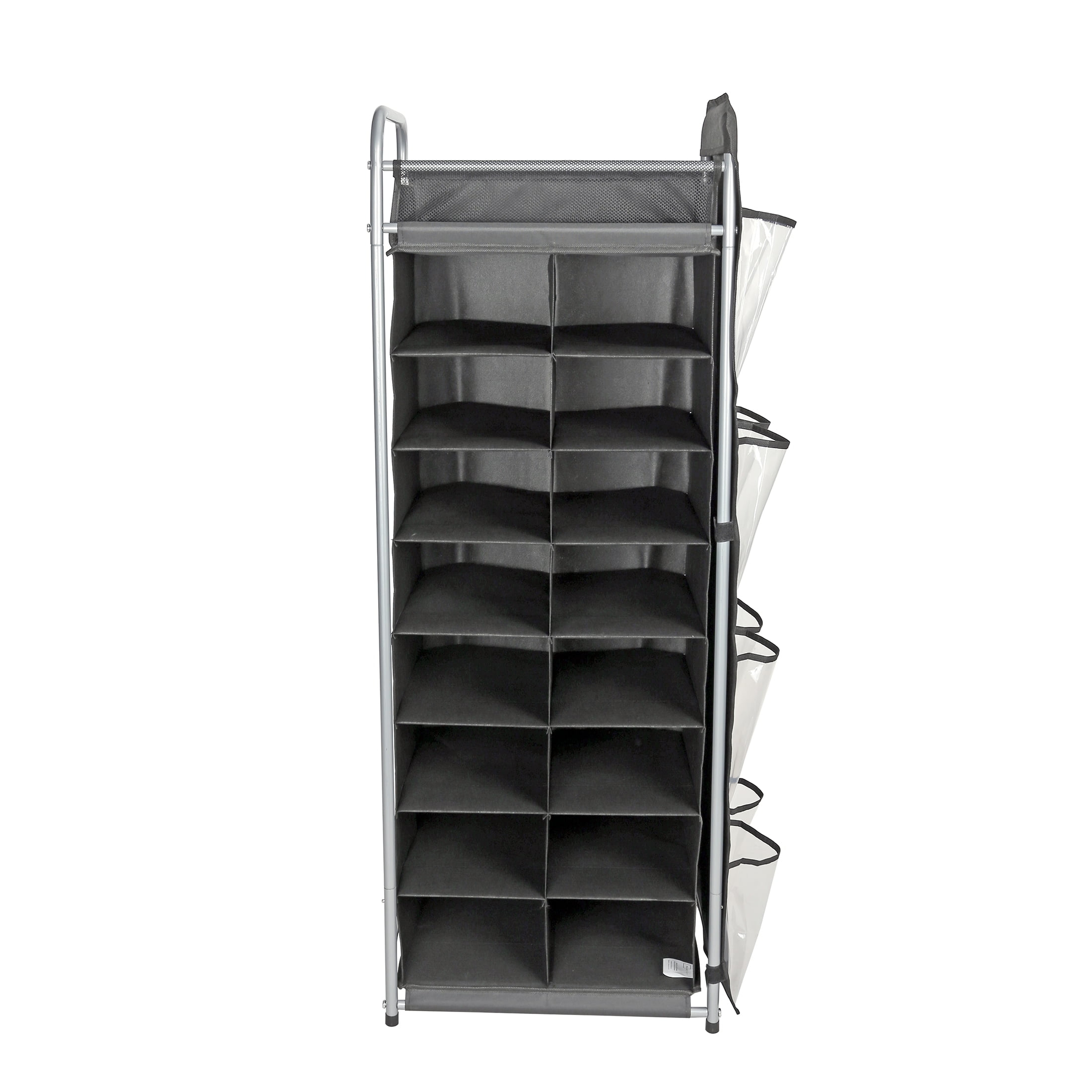 Mainstays 8 Tier, 20 Pair Shoe Cubbies with Hanging Pocket, Rich Black and Silver, Adult and Child Rack - style Storage Organizer