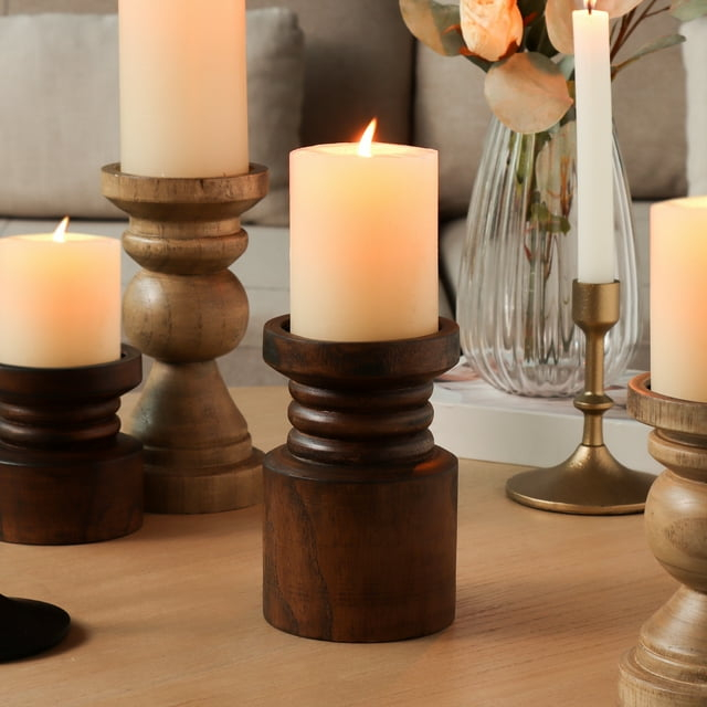 Mainstays Decorative Wood Pillar Candleholder, Dark Brown, 6"