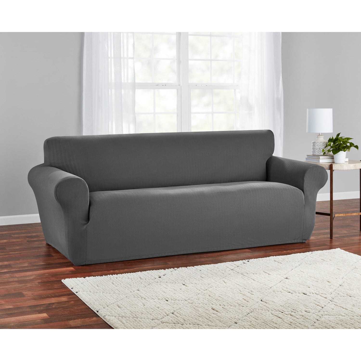 Mainstays Herringbone Stretch-to-Fit Sofa Slipcover, 1-Piece, Charcoal Gray