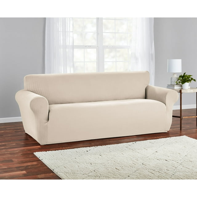 Mainstays Herringbone Stretch-to-Fit Sofa Slipcover, 1-Piece, Tan