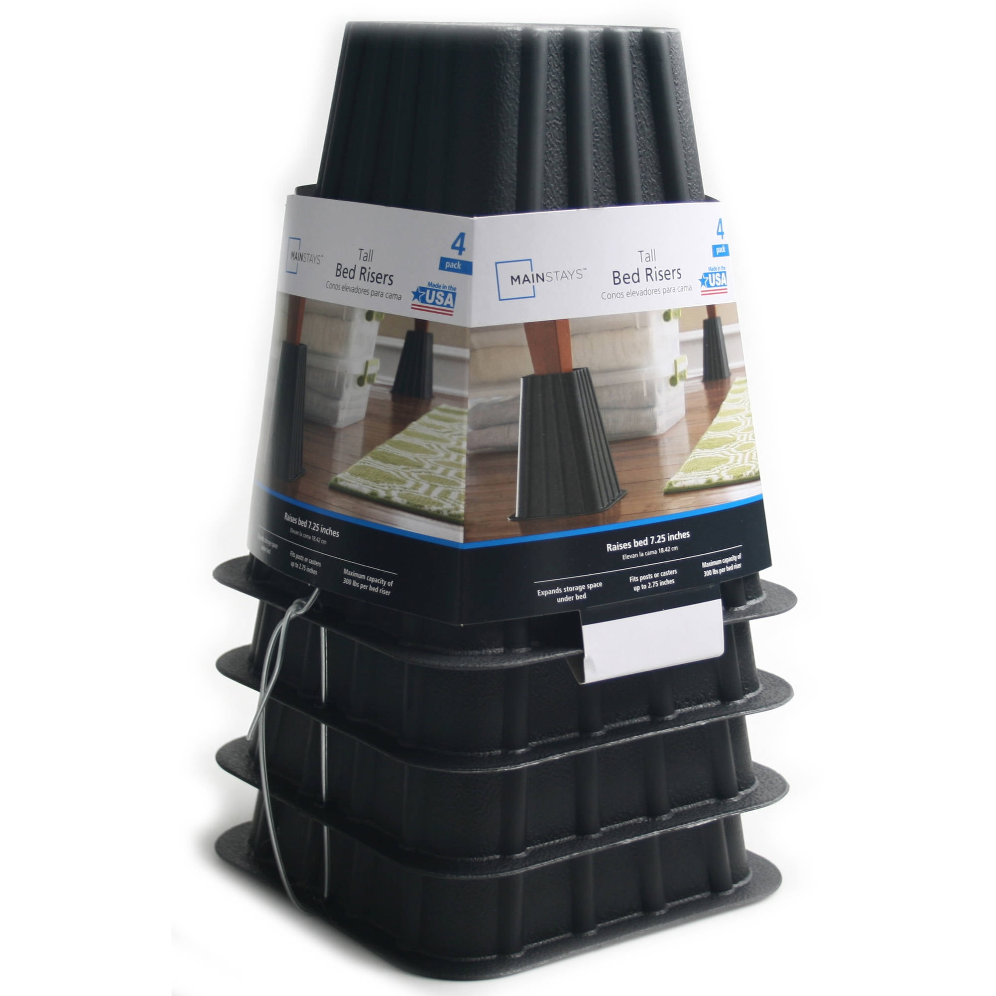 Mainstays Home Management Tall Bed Risers, Black, 4-Pack, Assembled Size 6.75 in x 6.75 in x 8 in