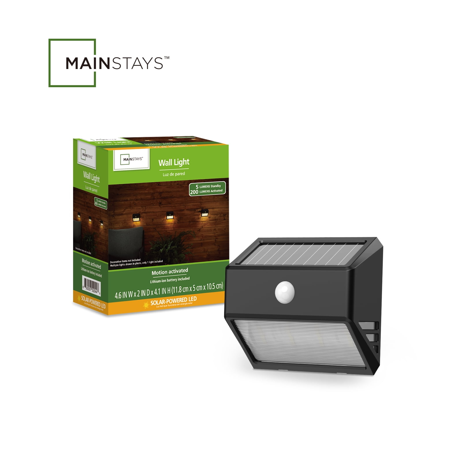 Mainstays LED Solar Powered Motion Outdoor Security Wall Light, Motion Activated, 200 Lumens