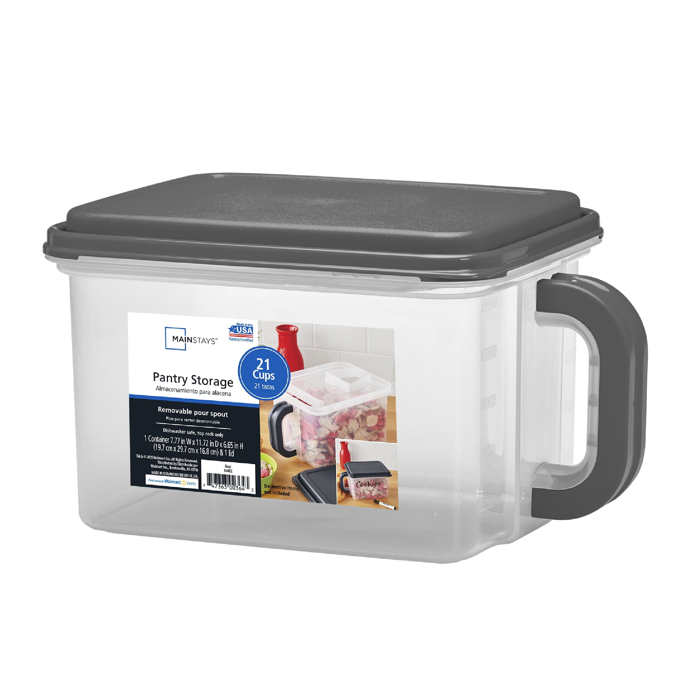 Mainstays Medium Canister with Handle, 21 Cups - Plastic, Gray Lid and Handle