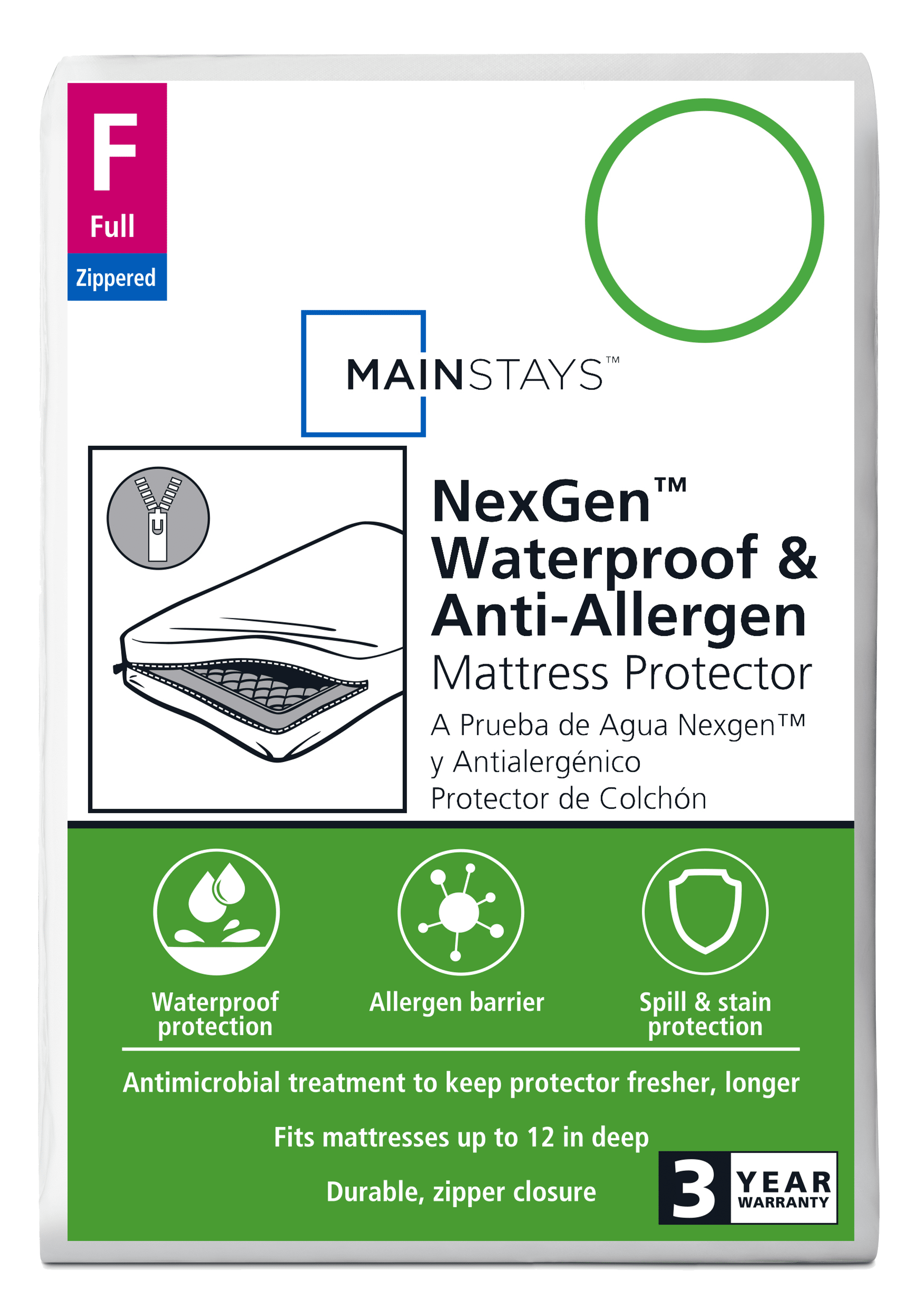 Mainstays NexGen Waterproof Anti-Allergen Zippered Mattress Protector, Full