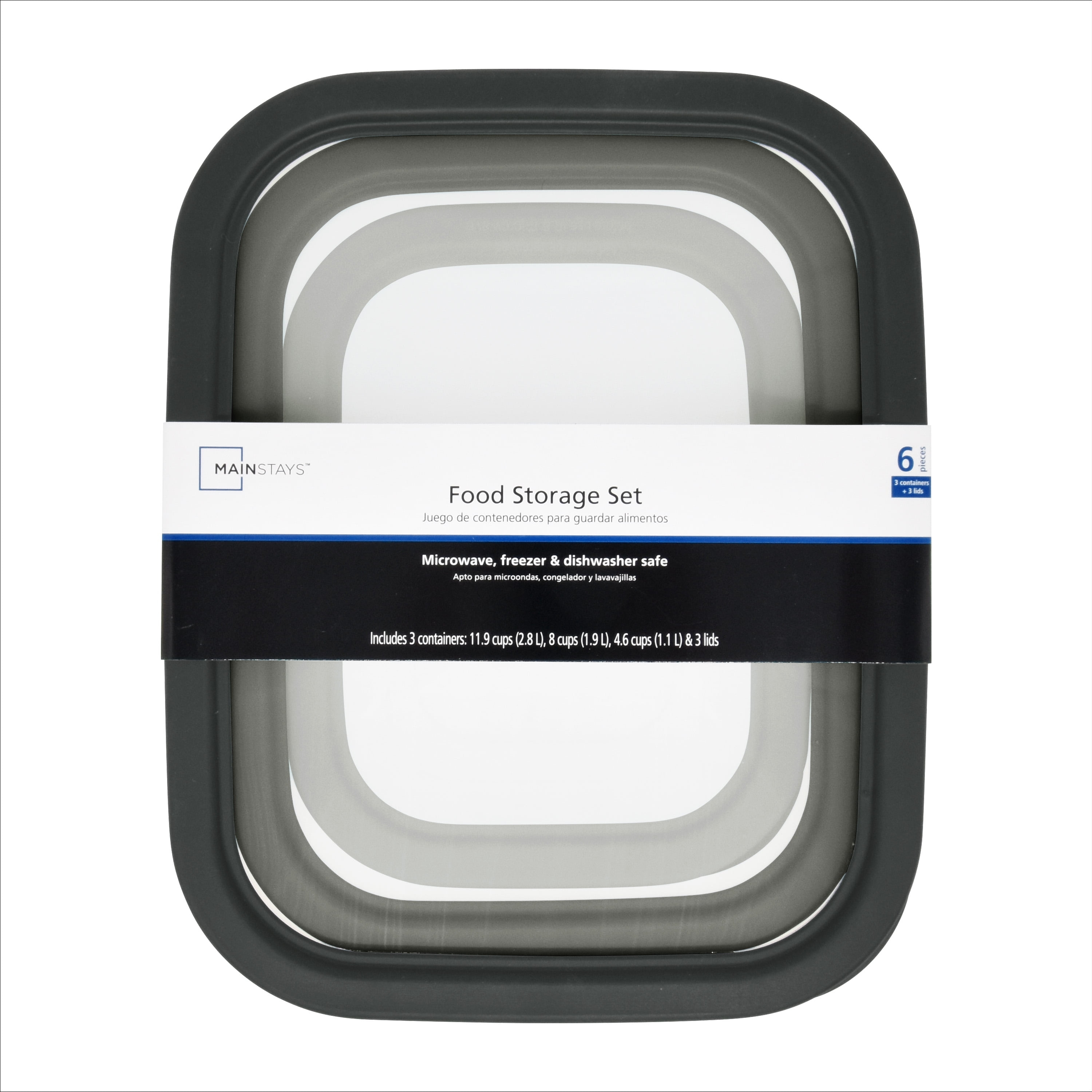 Mainstays Plastic Durable Food Storage Container Set, Gray, 6 Pieces