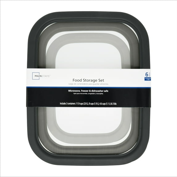 Mainstays Plastic Durable Food Storage Container Set, Gray, 6 Pieces