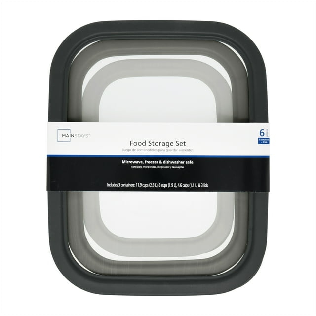 Mainstays Plastic Durable Food Storage Container Set, Gray, 6 Pieces