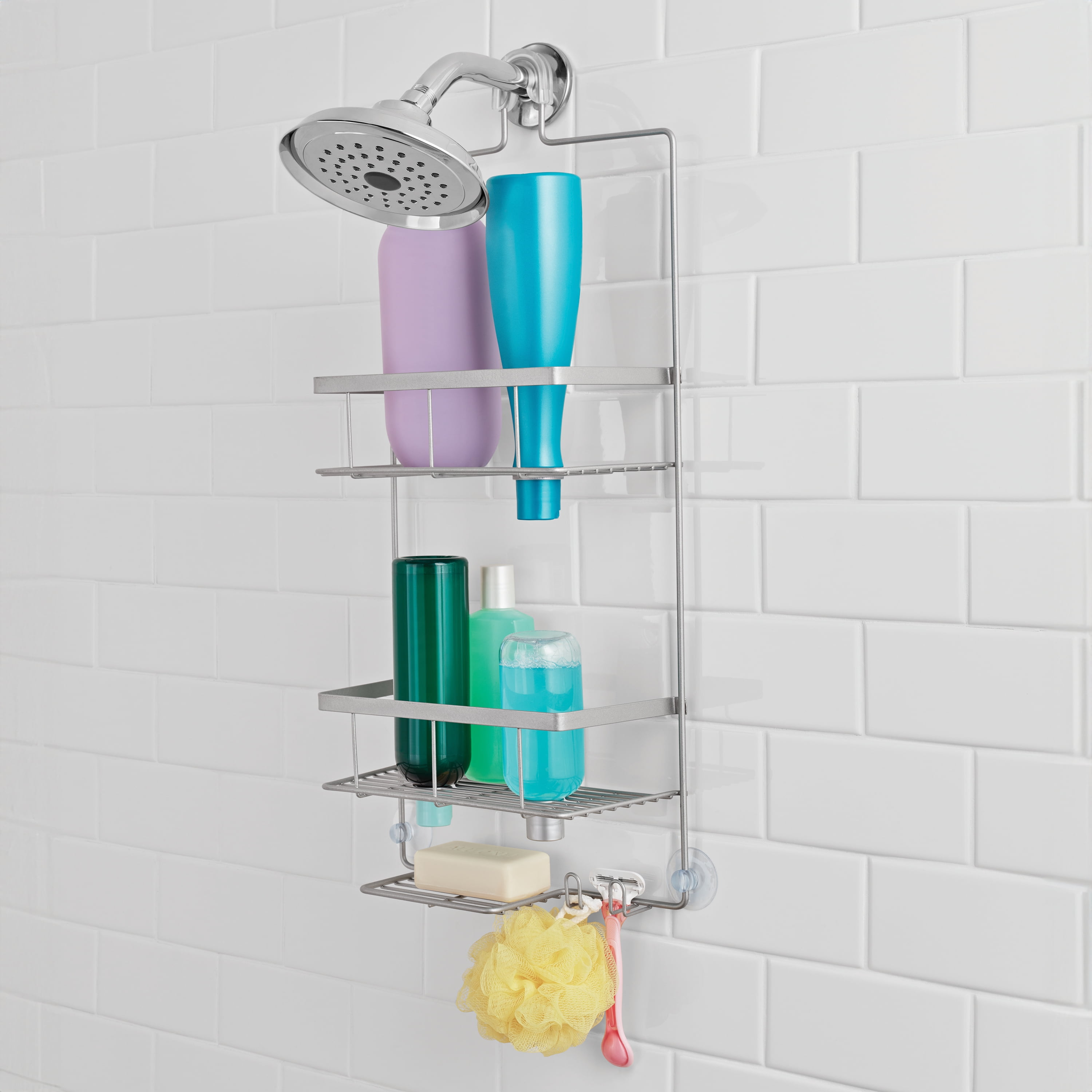 Mainstays Premium Hanging Shower Caddy with 2 Shelves and Soap Tray, Satin Nickel