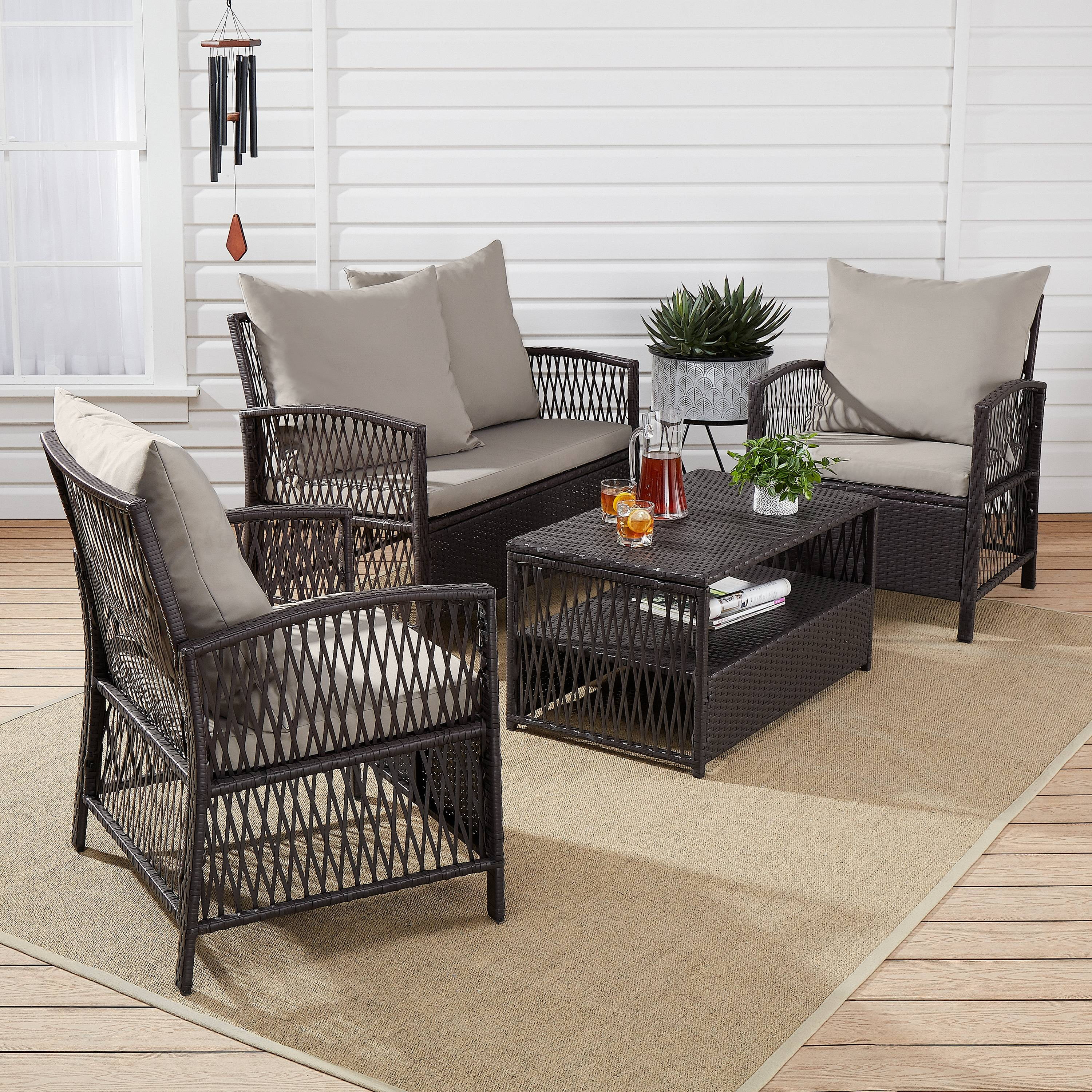 Mainstays Sanza 4-Piece Outdoor Rattan Wicker Conversation Set, Mocha/Beige