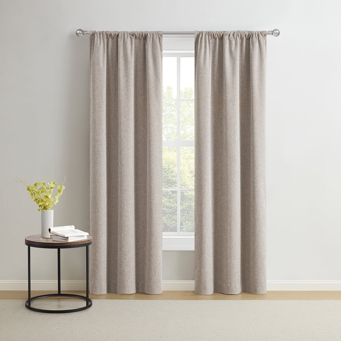 Mainstays Solid Linen Look Blackout Rod Pocket Curtain Panel Pair, Set of 2, Light Brown, 37"W x 84"L