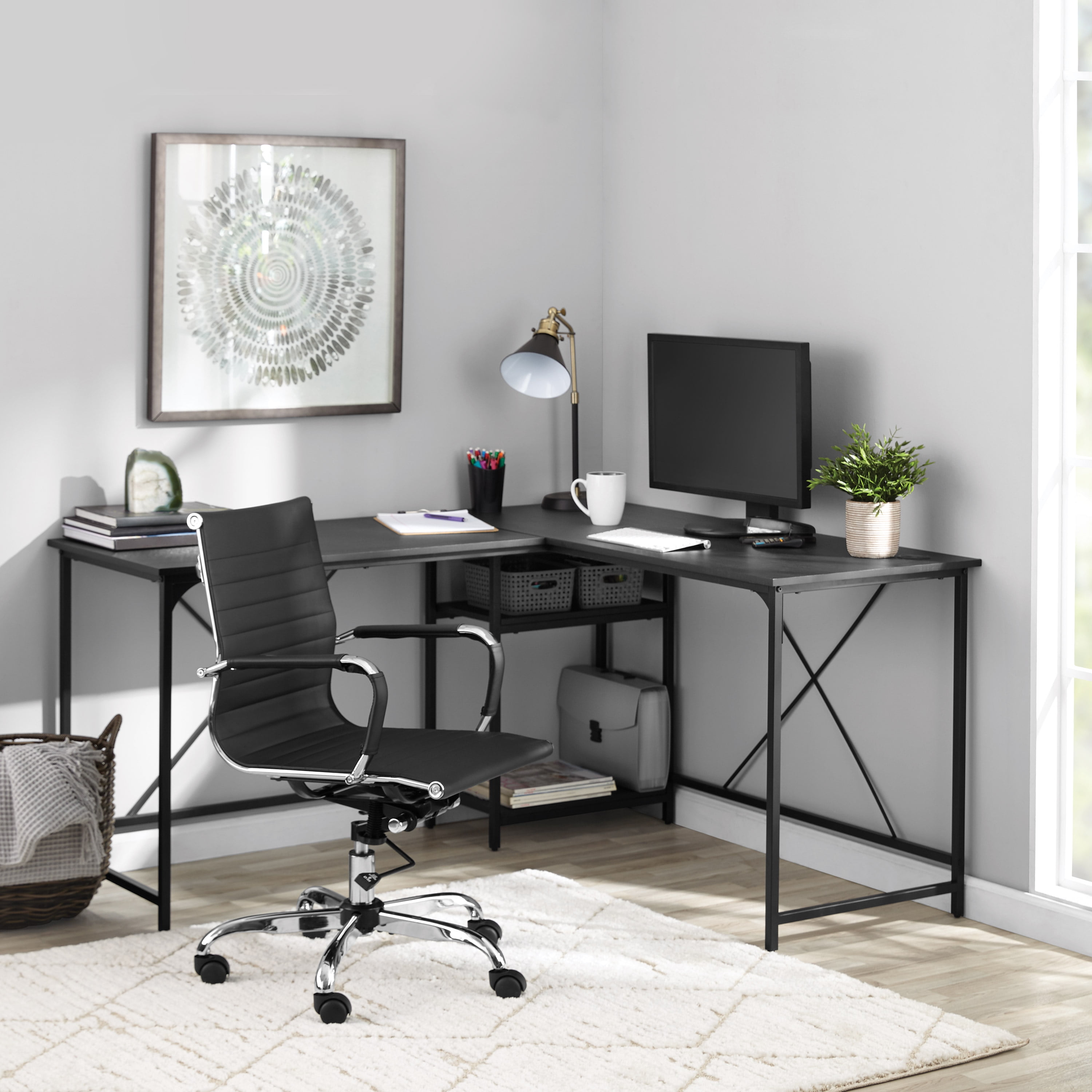 Mainstays Two-Way Convertible Desk with Lower Storage Shelf, Charcoal, for Adults and Teens