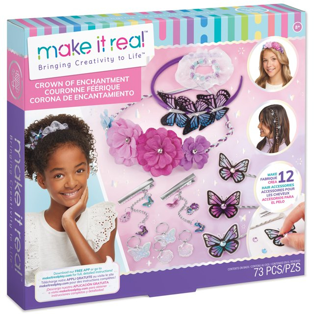 Make It Real: Crown Of Enchantment - DIY Jewelry Kit, Create Up To 12 Eye-Catching Charm Hair Accessories, Butterflies, Pink Purple Blue, 73 Pieces, All-In- 1 DIY KIT, Tweens & Girls, Kids Ages 8+