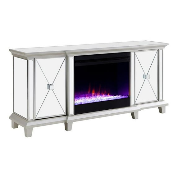 Maklaine Mirrored Electric Fireplace Media Console in Mirror / Silver