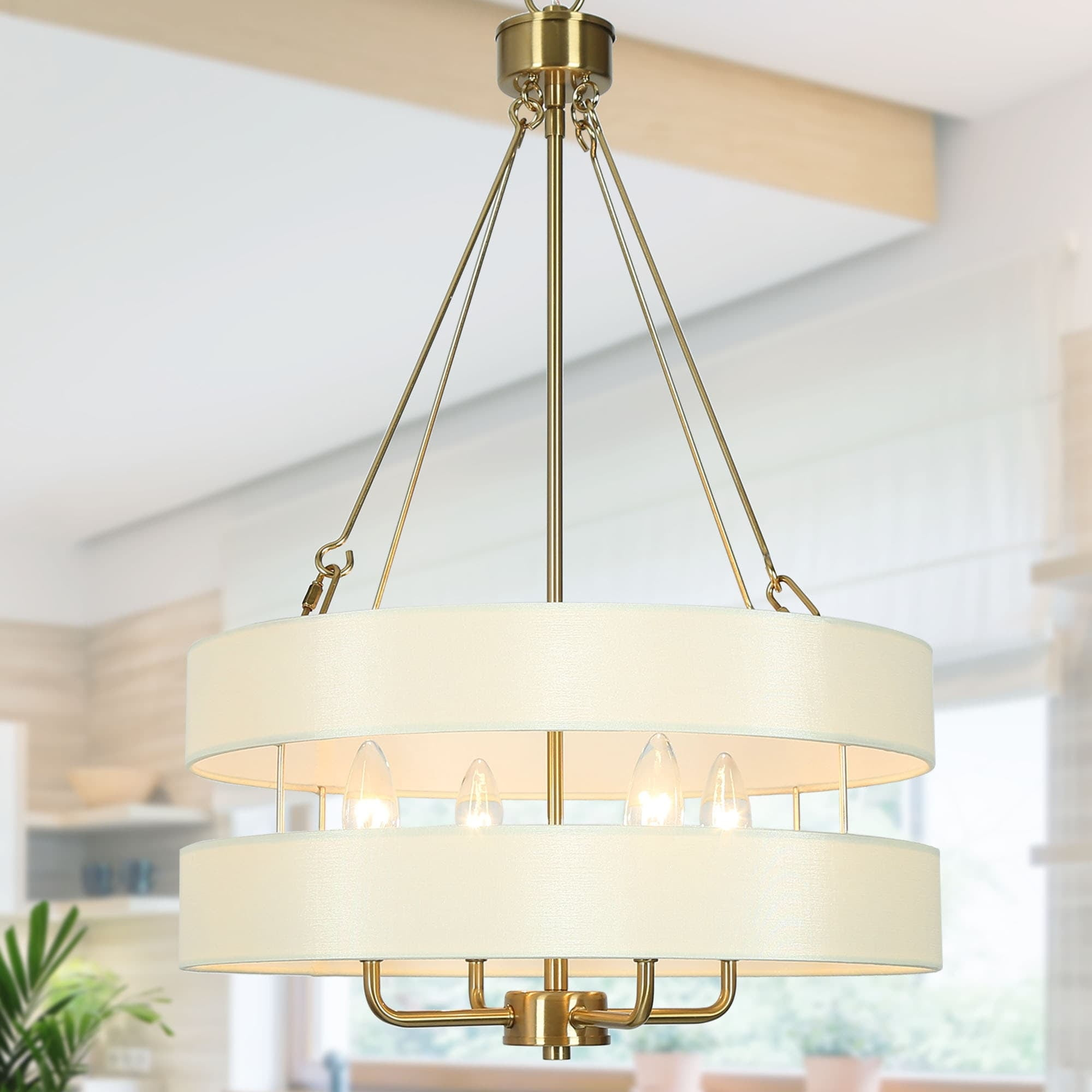 Malury Mid-century Modern 4-Light Brass Gold Drum Chandelier Fabric Shaded Foyer Pendant Lights - D17" x H30"