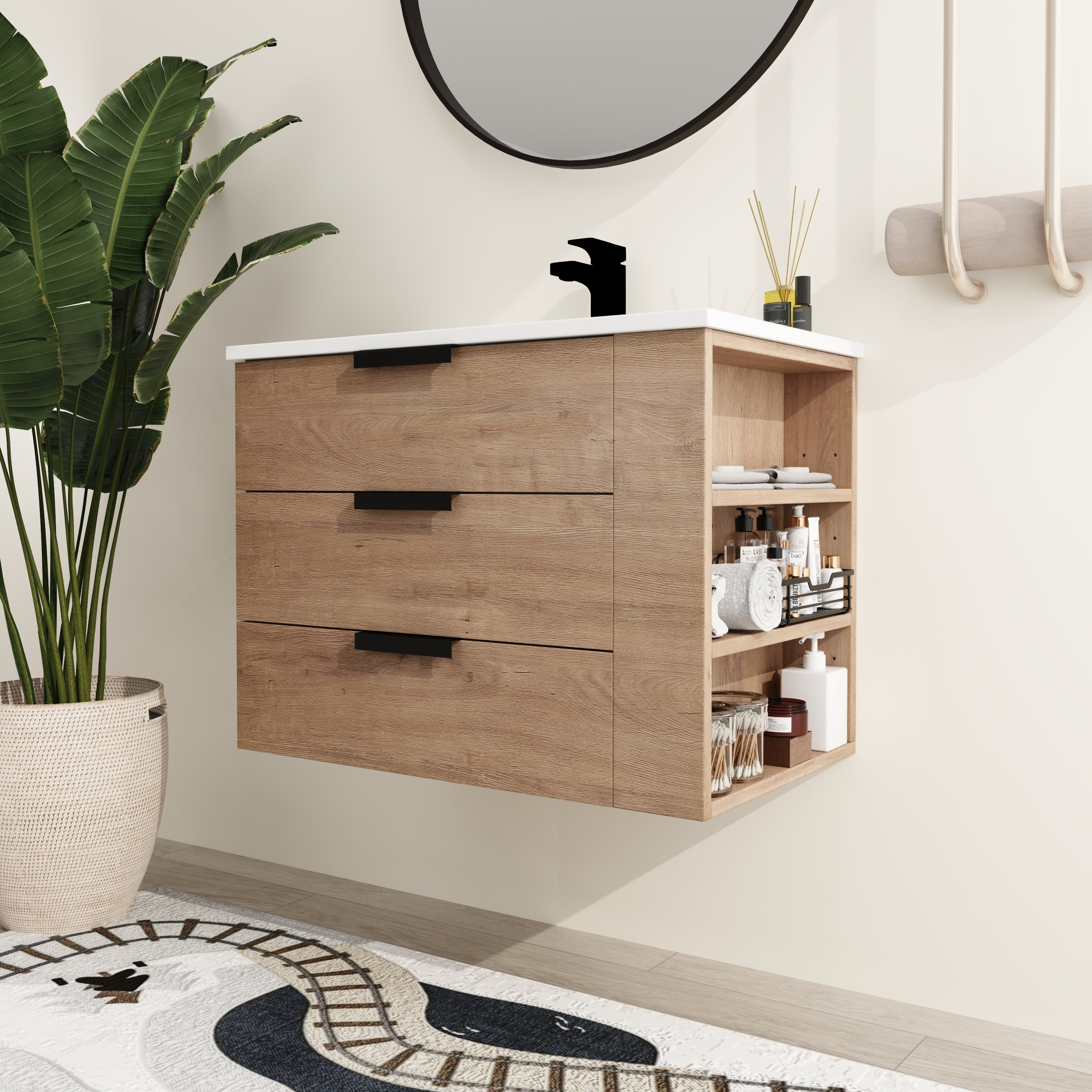 Malwee  30" Floating Bathroom Vanity, Wall Mounted Bathroom Vanity with Resin Sink,Soft Close Drawers and Side Adjustable Shelves Brown - Right Shelf