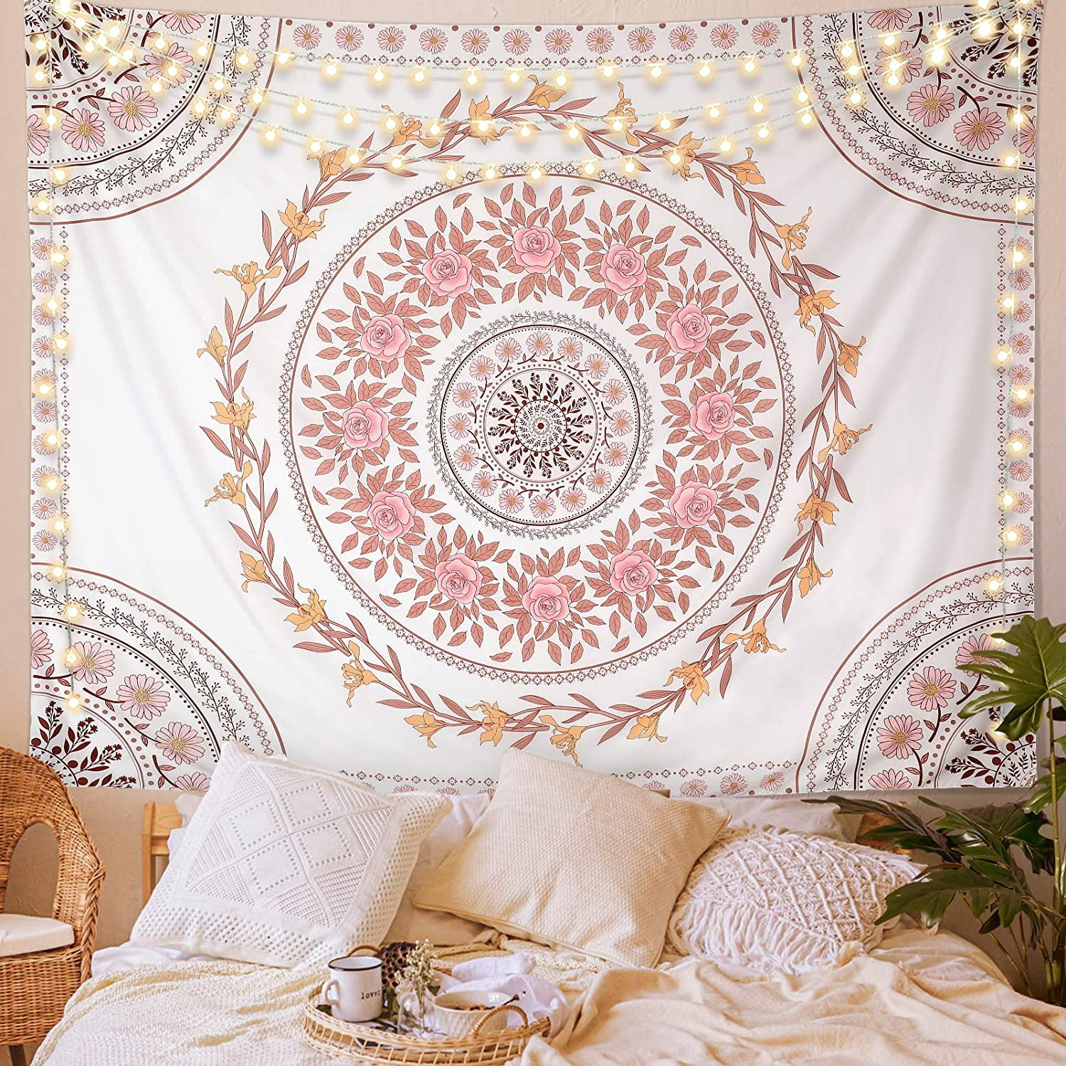 Mandala Tapestry Aesthetic,Boho Tapestry Wall Hanging,Pink Floral Medallion Tapestries,Bohemian Wall Art Hippie Decor for Bedroom Living Room Dorm 51"x59"